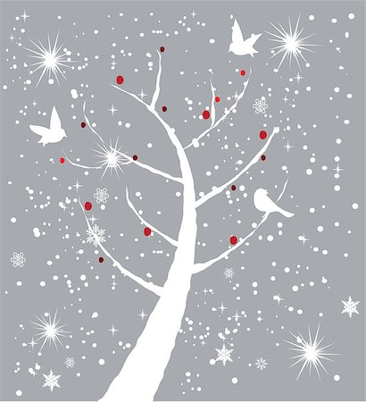 vector snow tree with birds and red berries Stock Photo - Budget Royalty-Free & Subscription, Code: 400-07900301
