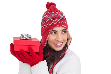 Happy brown hair holding red gift on white background Stock Photo - Budget Royalty-Free & Subscription, Code: 400-07901613