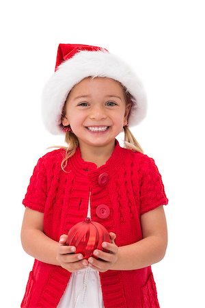 simsearch:400-07902186,k - Cute little girl wearing santa hat holding bauble on white background Foto de stock - Super Valor sin royalties y Suscripción, Código: 400-07902090