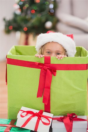 Cute little girl sitting in giant christmas gift at home in the living room Stock Photo - Budget Royalty-Free & Subscription, Code: 400-07902126