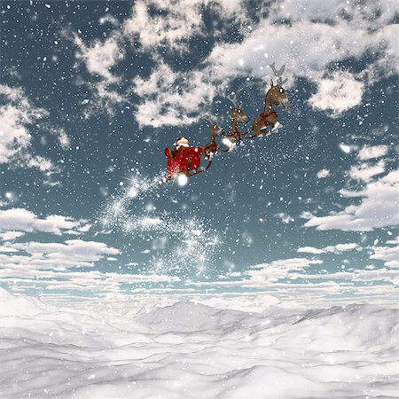 santa claus sleigh flying - 3D render of a snowy landscape with Santa and his reindeers Stock Photo - Budget Royalty-Free & Subscription, Code: 400-07902531