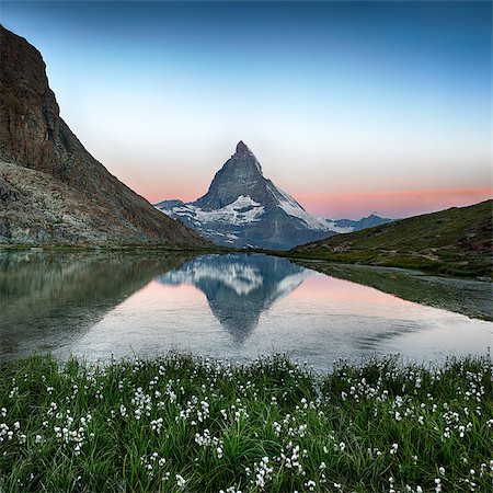 swiss alps sunset - Matterhorn reflection in Riffelsee with flowers, Zermatt, Alps, Switzerland Stock Photo - Budget Royalty-Free & Subscription, Code: 400-07914926