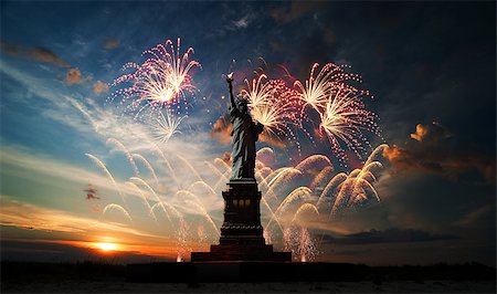 freedom monument - Statue of Liberty on the background of sunrise and fireworks Stock Photo - Budget Royalty-Free & Subscription, Code: 400-07915105