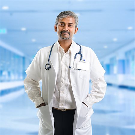 senior asian male doctor with stethoscope - Mature Indian male medical doctor standing inside hospital. Handsome Indian model portrait. Stock Photo - Budget Royalty-Free & Subscription, Code: 400-07915124