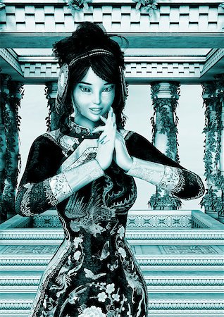 3D digital render of a beautiful princess of China on a fantasy palace and a sky background, old photo effect Stock Photo - Budget Royalty-Free & Subscription, Code: 400-07915366