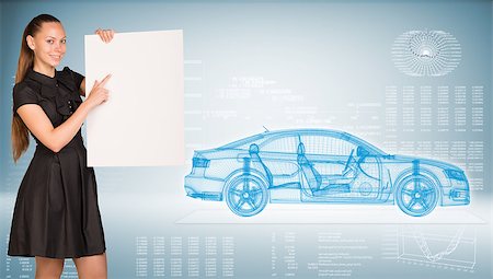 simsearch:400-07895693,k - Businesswoman holding empty paper. Wire-frame car and graphs as backdrop Stock Photo - Budget Royalty-Free & Subscription, Code: 400-07915457