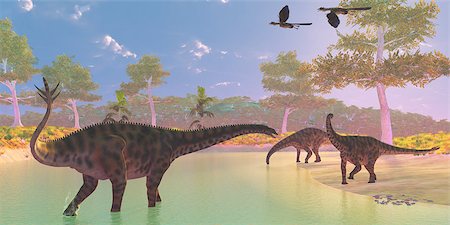 simsearch:400-05375985,k - Two Archaeopteryx birds fly over a herd of Spinophorosaurus dinosaurs drinking at a river. Fotografie stock - Microstock e Abbonamento, Codice: 400-07915572