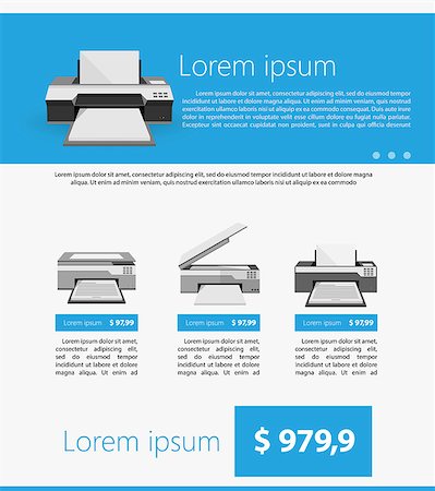 simsearch:400-08613337,k - Flat vector illustration of different gray printers with sample text and price on blue and white background. Stock Photo - Budget Royalty-Free & Subscription, Code: 400-07915729