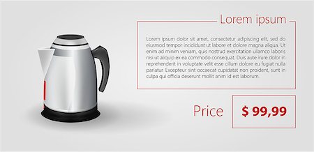 Flat vector illustration of metallic electric kettle with red indicator and with red sample text and price on gray background. Stock Photo - Budget Royalty-Free & Subscription, Code: 400-07915739