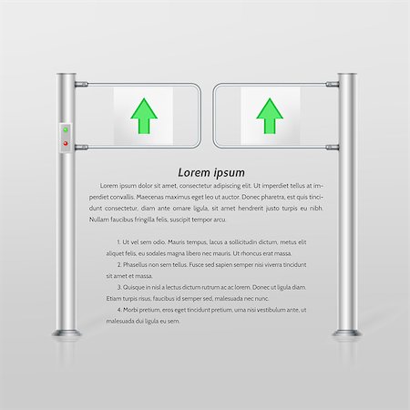 Double metallic turnstile with indikcators and green arrow entrance sign. Isolated vector illustration on gray background with sample text. Fotografie stock - Microstock e Abbonamento, Codice: 400-07915744