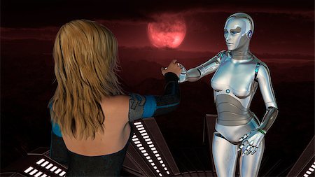 robotic arm - Female human and robot at red moon background - Artificial Intelligence Technology Stock Photo - Budget Royalty-Free & Subscription, Code: 400-07916954