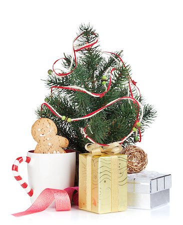 Christmas mulled wine with fir tree and gift boxes. Isolated on white background Stock Photo - Budget Royalty-Free & Subscription, Code: 400-07917338