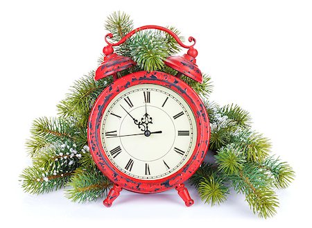 Christmas clock and snow fir tree. Isolated on white background Stock Photo - Budget Royalty-Free & Subscription, Code: 400-07917432