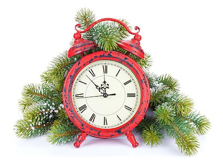 Christmas clock and snow fir tree. Isolated on white background Foto de stock - Super Valor sin royalties y Suscripción, Código: 400-07917432