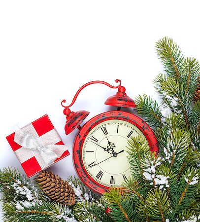 Christmas background with clock, gift box, snow fir tree and copy space Stock Photo - Budget Royalty-Free & Subscription, Code: 400-07917443