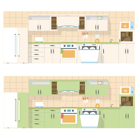 kitchen overlooking the front, in a flat layout design, two color set vector graphic illustration design Stock Photo - Budget Royalty-Free & Subscription, Code: 400-07917489
