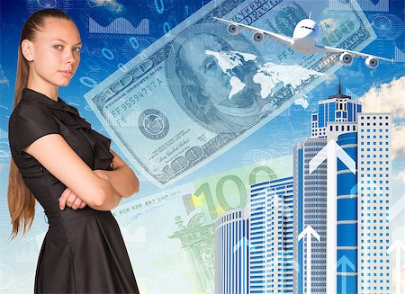 simsearch:400-08158930,k - Beautiful businesswoman in dress with crossed arms. Buildings, money, airplane and world map as backdrop Stock Photo - Budget Royalty-Free & Subscription, Code: 400-07917718