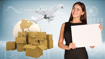 simsearch:400-08158930,k - Businesswoman hold paper sheet. Earth with heap brown cardboard boxes and flying airplane are located next. Elements of this image furnished by NASA Stock Photo - Budget Royalty-Free & Subscription, Code: 400-07917743
