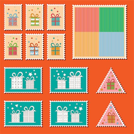 simsearch:400-08712804,k - Large set of colorful CHristmas postage stamps. with present boxes. Vintage New Year decoration elements. Gift box package. Stock Photo - Budget Royalty-Free & Subscription, Code: 400-07917808
