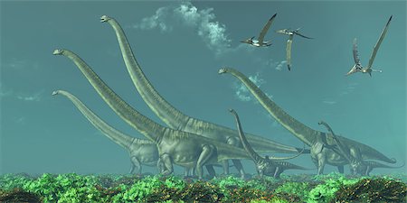 simsearch:400-05375985,k - Pteranodon reptiles fly over a herd of Mamenchisaurus dinosaurs in the Cretaceous Era. Fotografie stock - Microstock e Abbonamento, Codice: 400-07917849