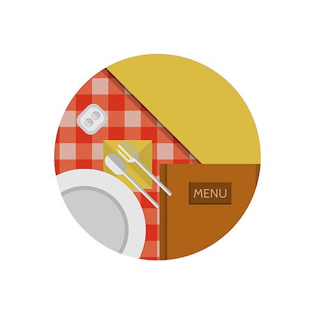 simsearch:400-05297007,k - Table setting with white plate and cutlery and brown menu on the table with checkered red tablecloth a top view. Flat circle colored vector icon for cafe or restaurant or other catering on white background. Foto de stock - Super Valor sin royalties y Suscripción, Código: 400-07918374