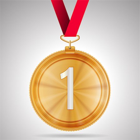 simsearch:622-02047094,k - Gold winner first place medal with red ribbon. Isolated vector illustration on gray background. Stock Photo - Budget Royalty-Free & Subscription, Code: 400-07918384