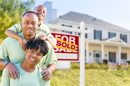 Happy African American Family In Front of Sold For Sale Real Estate Sign and House. Stock Photo - Budget Royalty-Free & Subscription, Code: 400-07918593