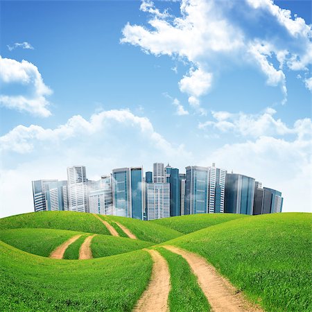 simsearch:400-07919003,k - Tall buildings, green hills and road against sky with clouds. Architectural concept Stock Photo - Budget Royalty-Free & Subscription, Code: 400-07918982