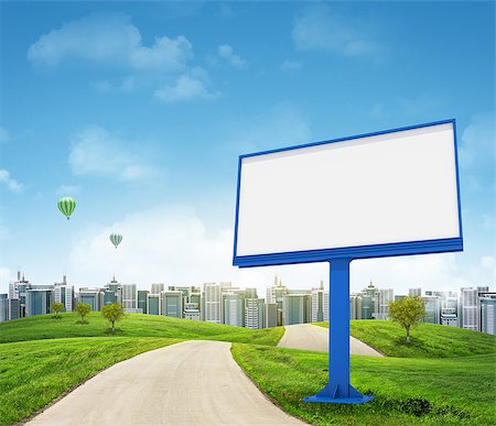empty modern road - Tall buildings, green hills and road with large billboard against sky with clouds. Architectural concept Stock Photo - Budget Royalty-Free & Subscription, Code: 400-07918996