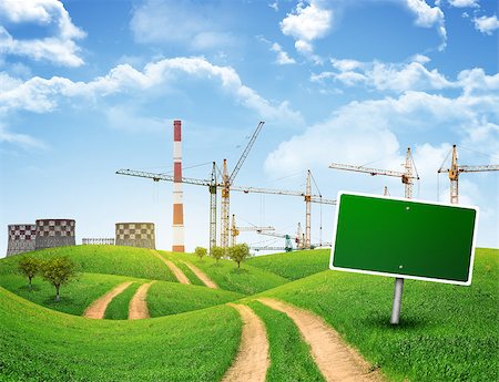 empty modern road - Industrial zone, green hills and road with empty road sign against sky with clouds. Business concept Stock Photo - Budget Royalty-Free & Subscription, Code: 400-07918992