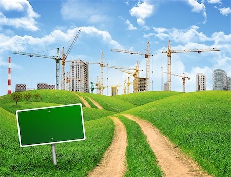 empty modern road - Industrial zone, green hills and road with empty road sign against sky with clouds. Business concept Stock Photo - Budget Royalty-Free & Subscription, Code: 400-07919006