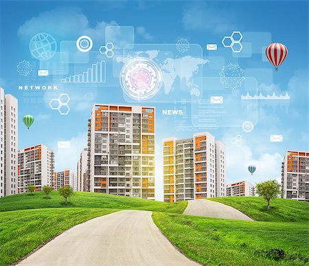 simsearch:400-07919003,k - Buildings, green hills, road and sky with virtual elements. Business concept Stock Photo - Budget Royalty-Free & Subscription, Code: 400-07919015