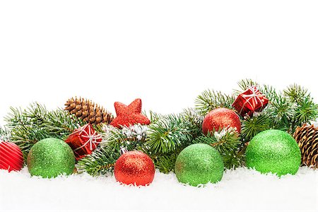 simsearch:400-07933751,k - Christmas decor and snow fir tree. Isolated on white background with copy space Photographie de stock - Aubaine LD & Abonnement, Code: 400-07919163