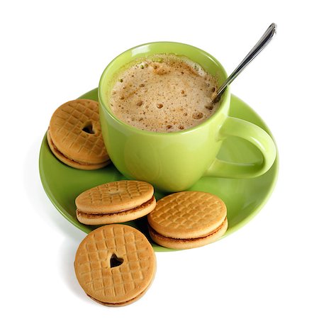 simsearch:400-07477800,k - Green cup of coffee with biscuits. Isolated on white. Stock Photo - Budget Royalty-Free & Subscription, Code: 400-07919598