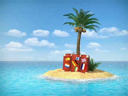 Desert tropical island with palm tree, chaise lounge, suitcase and three empty wooden signpost. Concept for rest, holidays, resort, travel. Foto de stock - Royalty-Free Super Valor e Assinatura, Número: 400-07919676