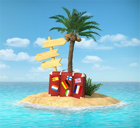 Desert tropical island with palm tree, chaise lounge, suitcase and three empty wooden signpost. Concept for rest, holidays, resort, travel. Photographie de stock - Aubaine LD & Abonnement, Code: 400-07919677
