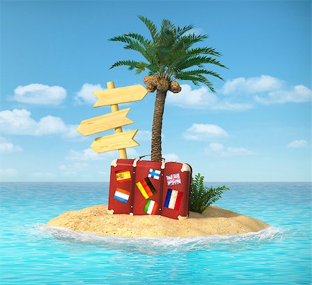 Desert tropical island with palm tree, chaise lounge, suitcase and three empty wooden signpost. Concept for rest, holidays, resort, travel. Foto de stock - Royalty-Free Super Valor e Assinatura, Número: 400-07919677