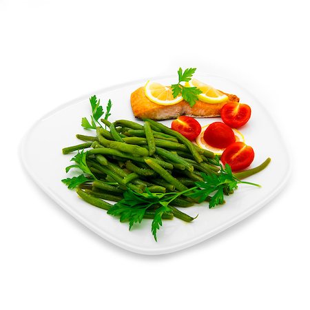 sherry on white background - Green beans and salmon fish. White background. Stock Photo - Budget Royalty-Free & Subscription, Code: 400-07919746