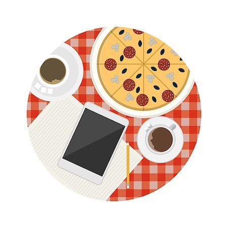 Two coffee cups, tablet, note with pencil and pizza on the table with checkered red tablecloth a top view. Single circle colored flat vector icon for business lunch or coffee break of meeting. Foto de stock - Super Valor sin royalties y Suscripción, Código: 400-07924273