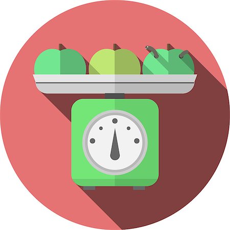 scales market fruits - Green scales with white round dial and gray scale-pan with tree green apples, one apple with smile worm. Flat circle colored vector icon with long shadow on white background. Stock Photo - Budget Royalty-Free & Subscription, Code: 400-07924355