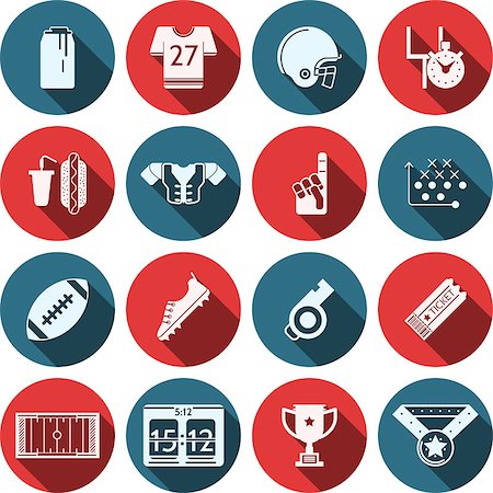 Set of circle blue and red flat vector icons with white silhouette symbols of American football isolated on white background. Foto de stock - Super Valor sin royalties y Suscripción, Código: 400-07924364