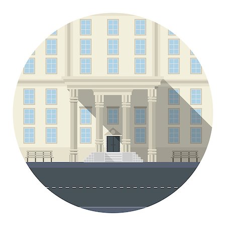 simsearch:400-07033344,k - Residential building or hotel facade with benches and porch and part of road. Flat circle colored vector icon with long shadow on white background. Foto de stock - Royalty-Free Super Valor e Assinatura, Número: 400-07924362