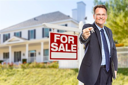 realtor (male) - Real Estate Agent with House Keys in Front of For Sale Sign and Home. Stock Photo - Budget Royalty-Free & Subscription, Code: 400-07924697