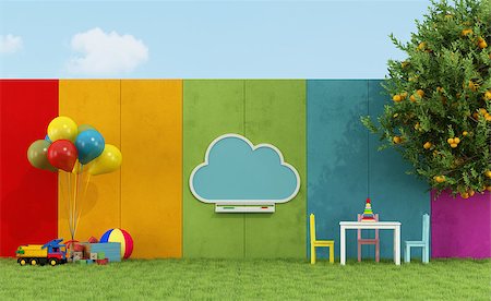 School playground for children with cloud chalkboard and toys - 3D Rendering Stock Photo - Budget Royalty-Free & Subscription, Code: 400-07924771