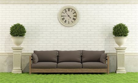 simsearch:400-08554639,k - Classic garden with brown sofa and two stone pedestal - 3D Rendering Stock Photo - Budget Royalty-Free & Subscription, Code: 400-07924772