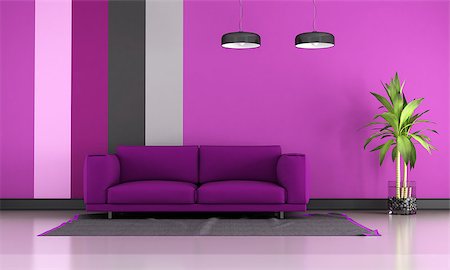 Contemporary living room with purple sofa on carpet - 3D Rendering Stock Photo - Budget Royalty-Free & Subscription, Code: 400-07924773