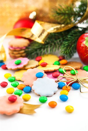 Colorful Christmas cookies and candies with holiday decorations around Stock Photo - Budget Royalty-Free & Subscription, Code: 400-07924861