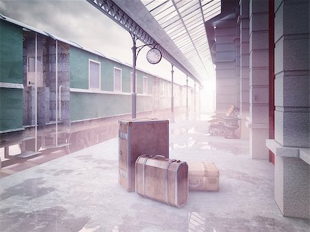 suitcase railway track - fog on the retro railway  train station .3D concept Stock Photo - Budget Royalty-Free & Subscription, Code: 400-07925074