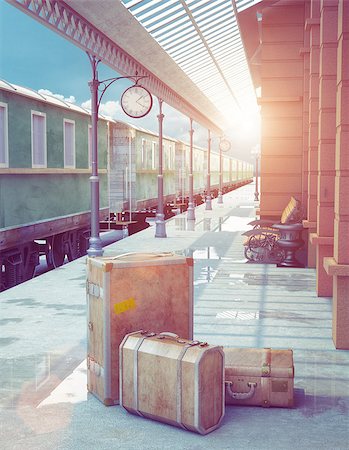 suitcase railway track - A set of vintage luggage consisting of old leather cases,  on the platform of a retro railway station Stock Photo - Budget Royalty-Free & Subscription, Code: 400-07925076