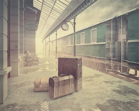 suitcase railway track - fog on the retro railway  train station .Vintage color style 3D concept Stock Photo - Budget Royalty-Free & Subscription, Code: 400-07925081